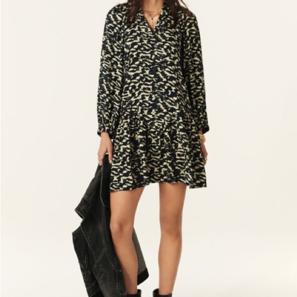 ba&sh Black and White Bishop Sleeve V-Neck Dress